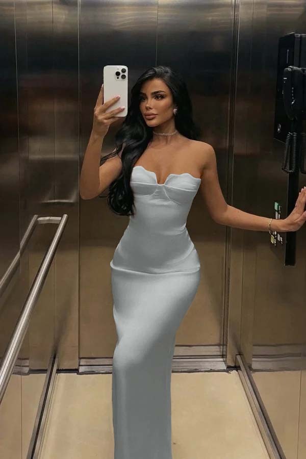 White Strapless Sleeveless Long Mermaid Prom Dress With Pleated