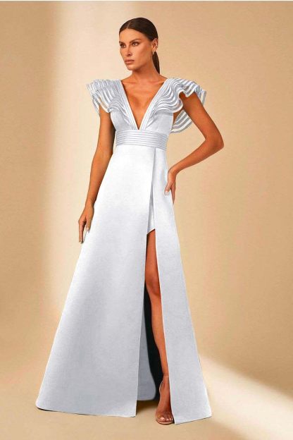 Deep V Neck Sleeveless A Line Long Prom Dress With Front Split