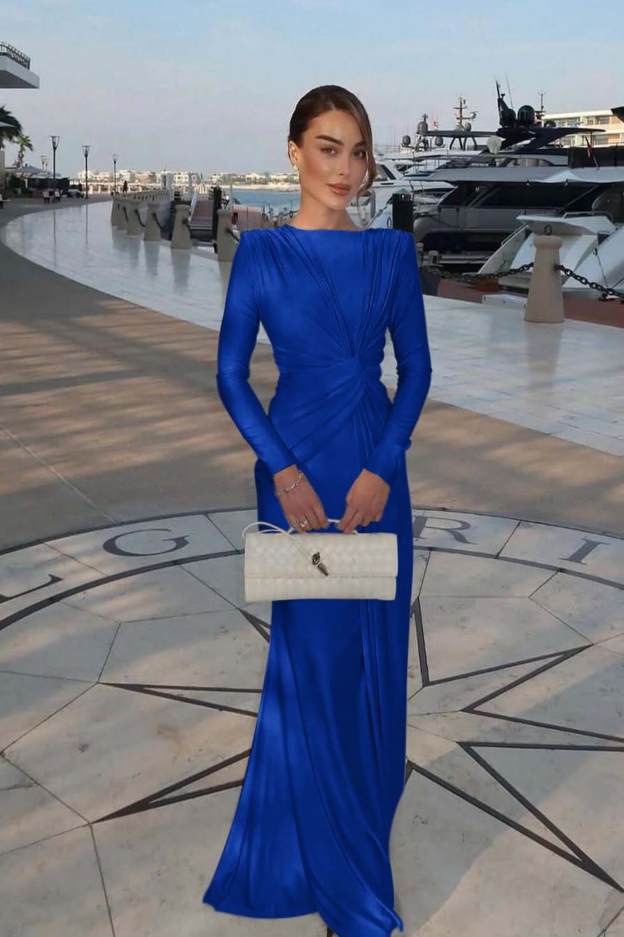 Chic Jewel Long Sleeves Mermaid Long Prom Dress With Pleated