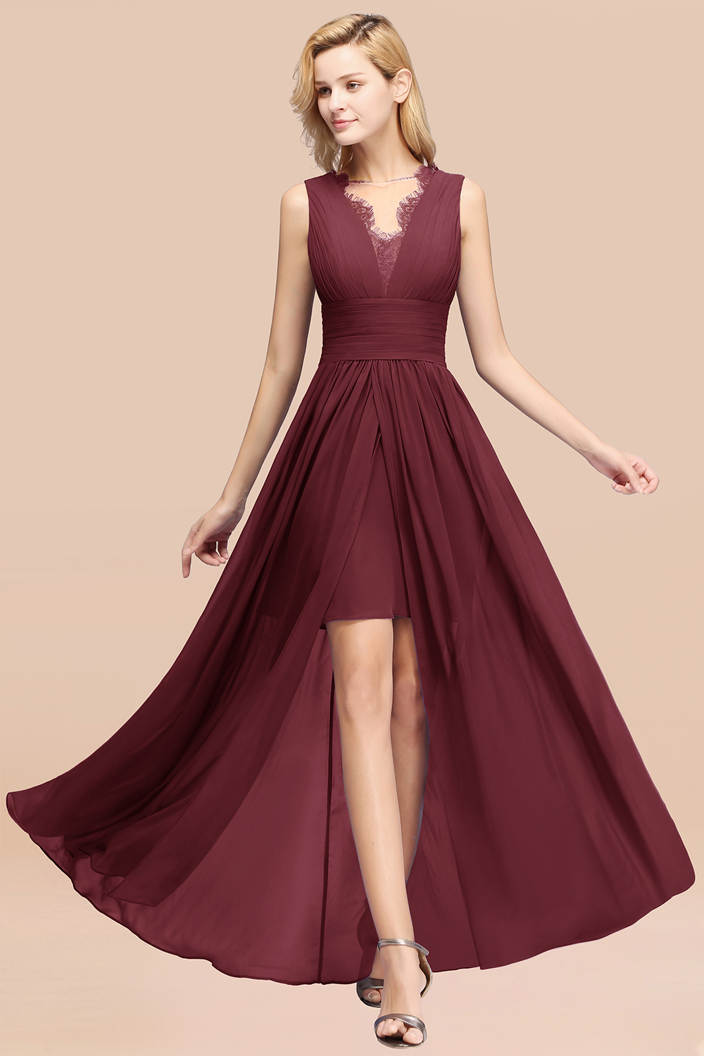 BMbridal Elegant Chiffon Lace Jewel Sleeveless Bridesmaid Dress with Ruffle-BMbridal