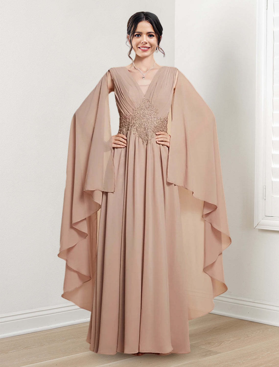 V-Neck A-Line Princess Floor-Length Dresses for the Mother of the Bride
