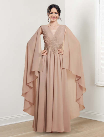 V-Neck A-Line Princess Floor-Length Dresses for the Mother of the Bride