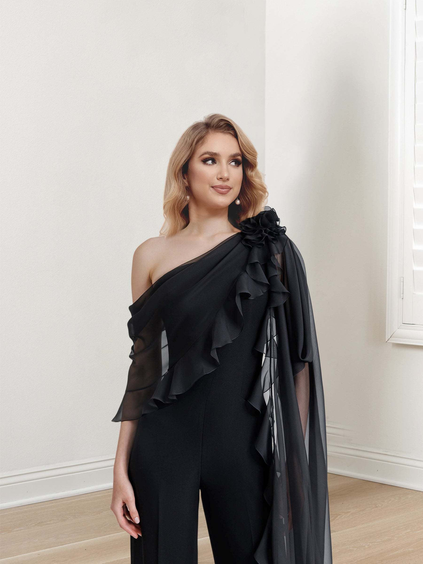 Chiffon Mother of the Bride One-Shoulder Jumpsuit with Half Sleeves