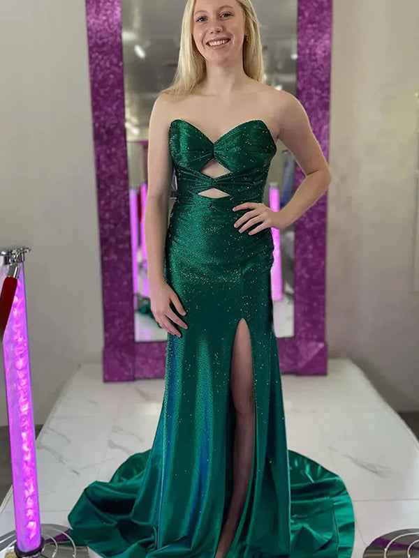 Light Yellow Mermaid Strapless Keyholes Prom Dress with Beads