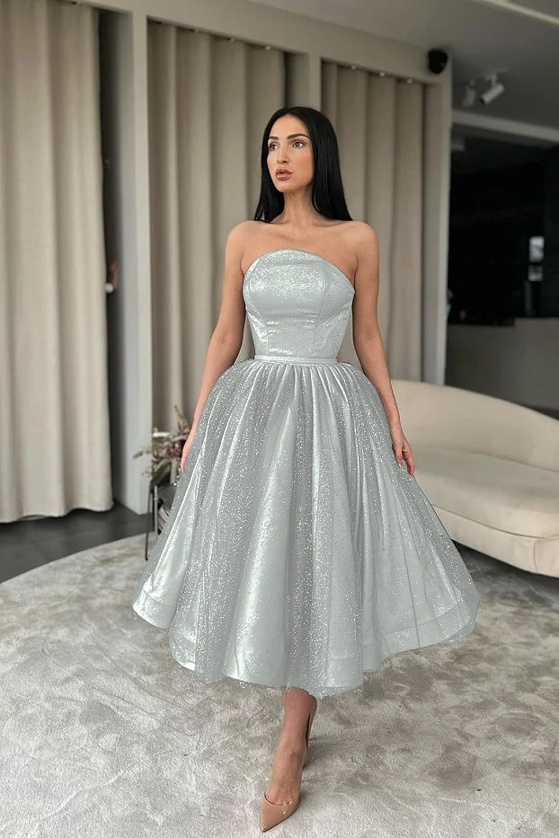 Black Tulle Strapless Sleeveless Tea Length A Line Prom Dress