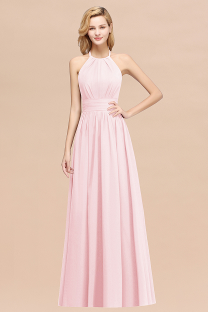 BMbridal Elegant High-Neck Halter Long Affordable Bridesmaid Dresses with Ruffles-BMbridal