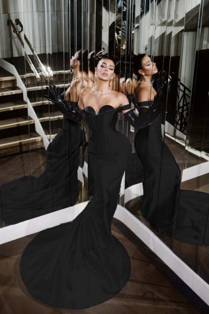 Strapless Sleeveless Long Mermaid Prom Dress With Pleated Gloves