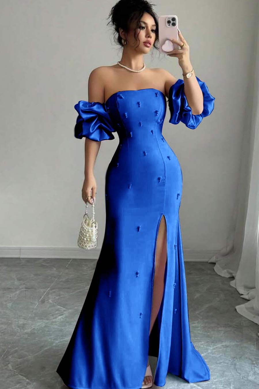 Strapless Bubble Sleeves Long Split Prom Dress With Beading