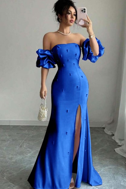 Strapless Bubble Sleeves Long Split Prom Dress With Beading