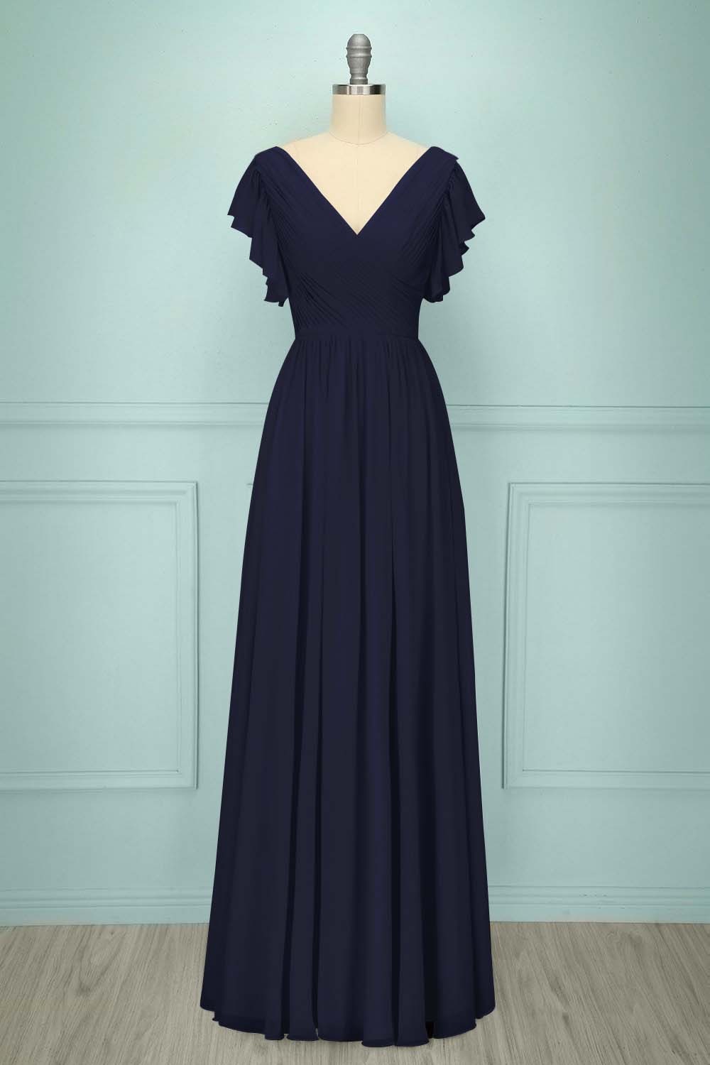 Chiffon V Neck Sleeveless Long Prom Dress With Pleated Ruffle