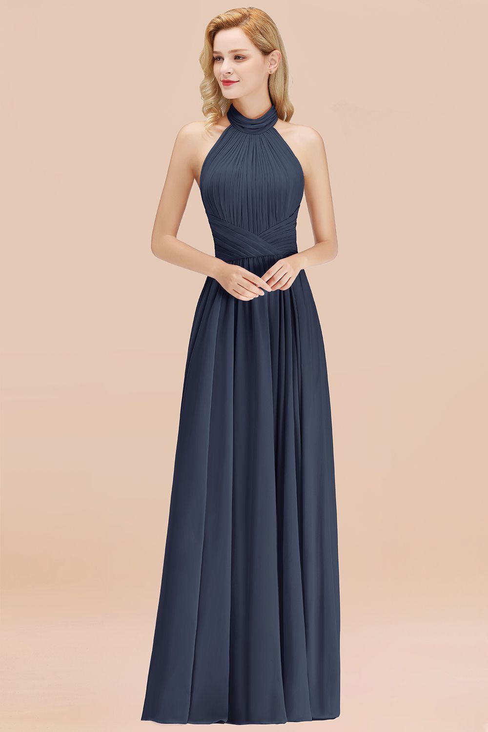 BMbridal Gorgeous High-Neck Halter Backless Bridesmaid Dress Dusty Rose Chiffon Maid of Honor Dress-BMbridal