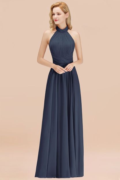 BMbridal Gorgeous High-Neck Halter Backless Bridesmaid Dress Dusty Rose Chiffon Maid of Honor Dress-BMbridal