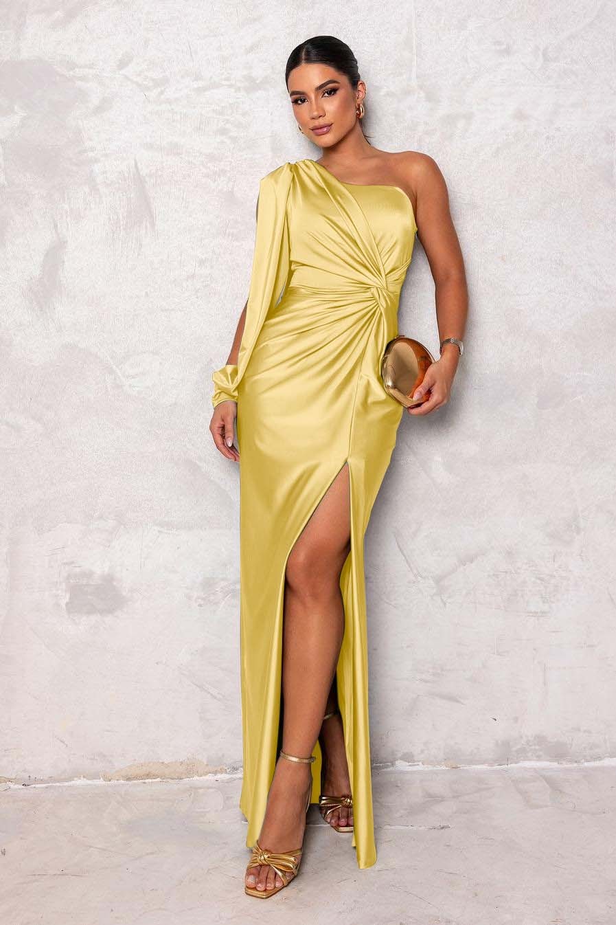 One Shoulder Long Sleeve Long Split Prom Dress With Pleated