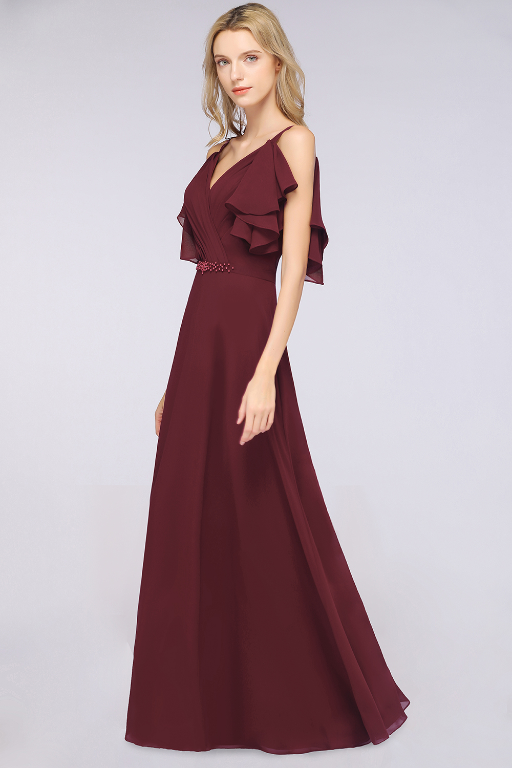 BMbridal Modest Cold-shoulder Crinkle Chiffon Long Bridesmaid Dress with Pearls-BMbridal