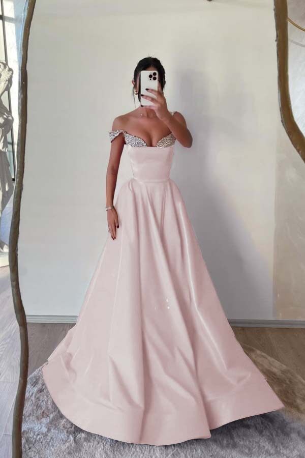 Off the Shoulder Sleeveless Long Prom Dress With Beading Pleated