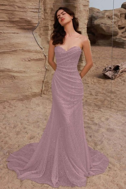 Strapless Sleeveless Long Mermaid Prom Dress With Pleated Sequins