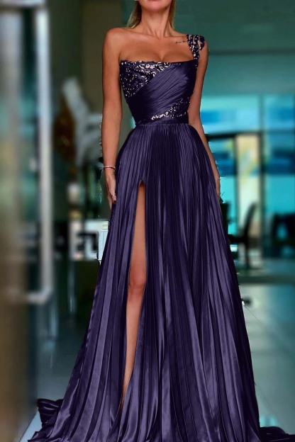 One Shoulder Sleeveless Long Prom Dress With High Split Sequins