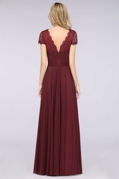 BMbridal Elegant Lace V-Neck Burgundy Bridesmaid Dress with Cap Sleeves-BMbridal