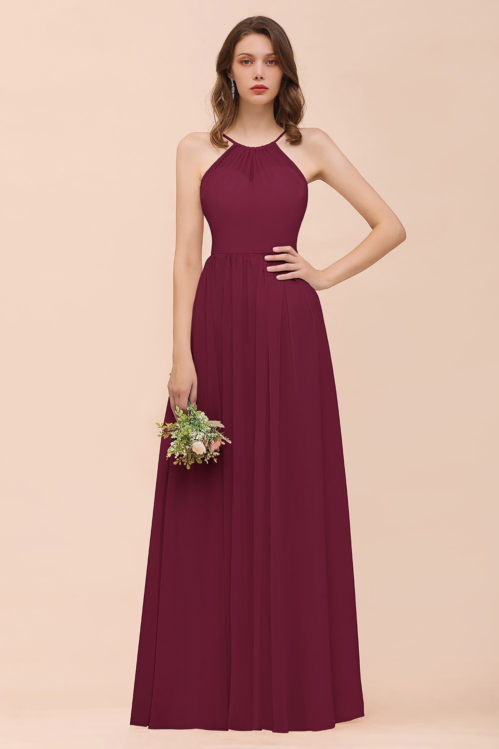 BMbridal Gorgeous Chiffon Halter Ruffle Affordable Long Bridesmaid Dress-BMbridal