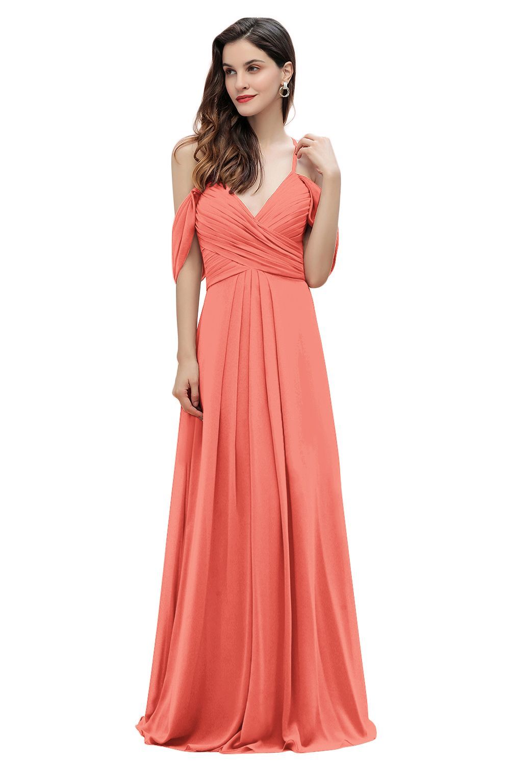 Elegant A-line Off-the-Shoulder V-neck Ruched Long Bridesmaid Dress-BMbridal