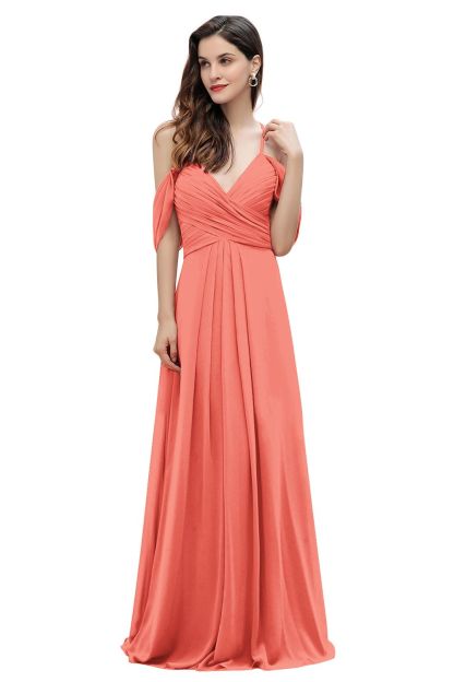 Elegant A-line Off-the-Shoulder V-neck Ruched Long Bridesmaid Dress-BMbridal