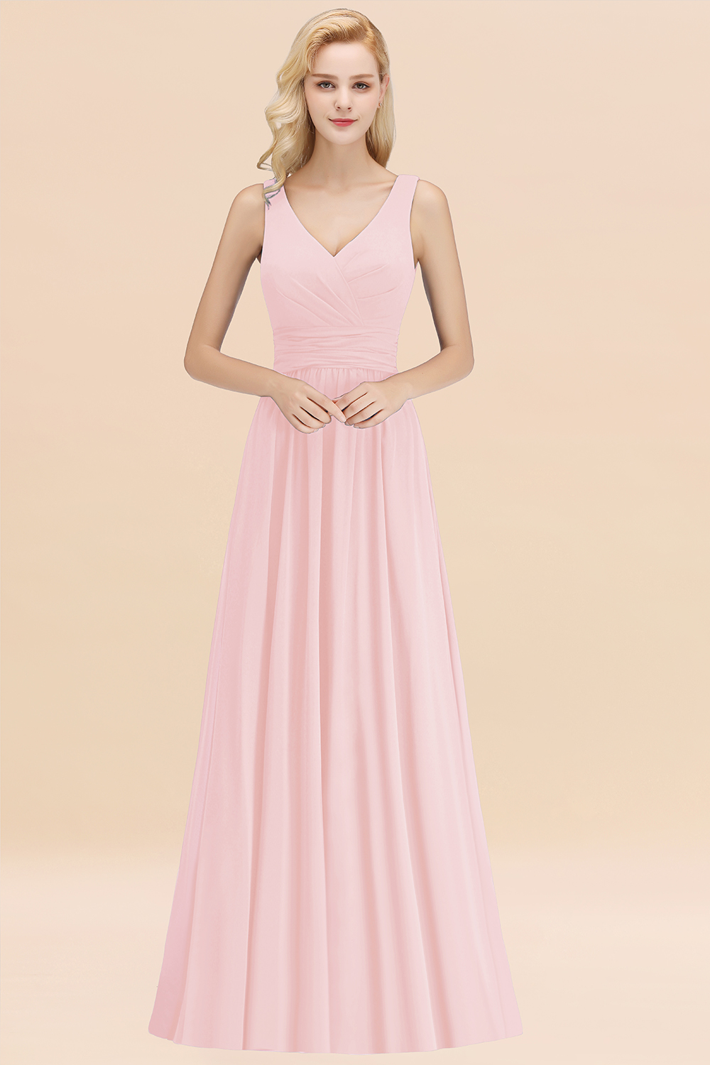 BMbridal Modest Sleeveless V-Neck Long Chiffon Bridesmaid Dress Online with Ruffle-BMbridal