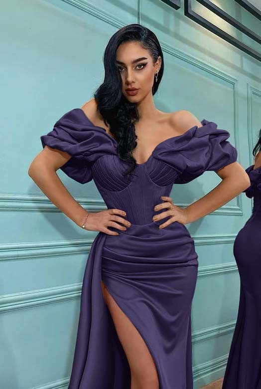 Pink Mermaid Off the Shoulder Sweetheart High Split Prom Dress With Pleated