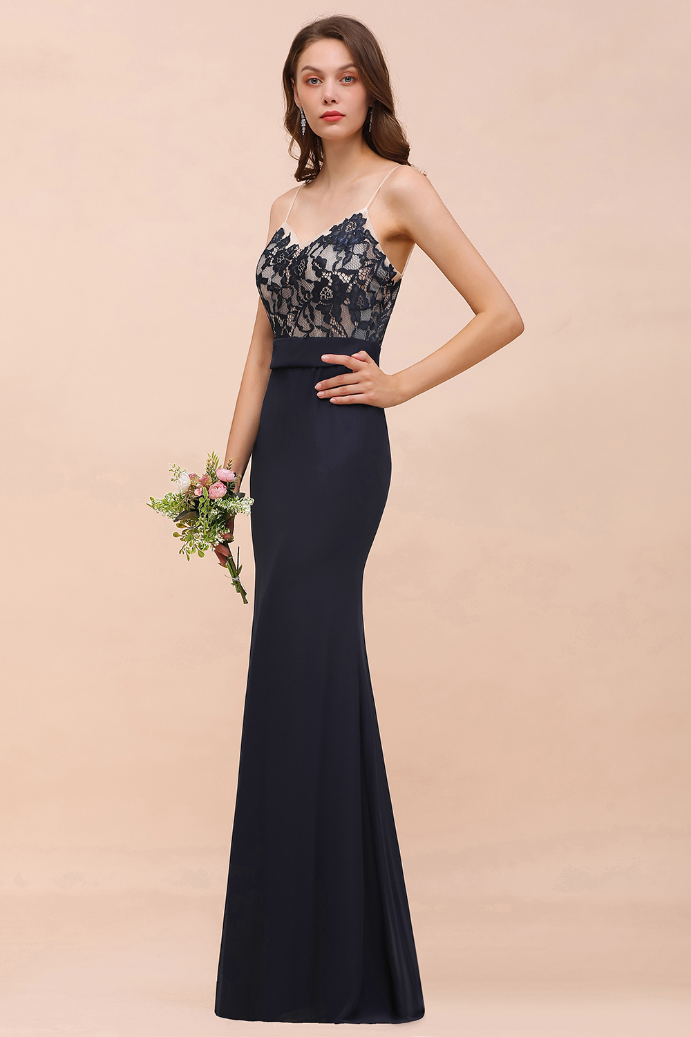 BMbridal Chic Mermaid Chiffon Lace Affordable Bridesmaid Dress with Spaghetti Straps-BMbridal