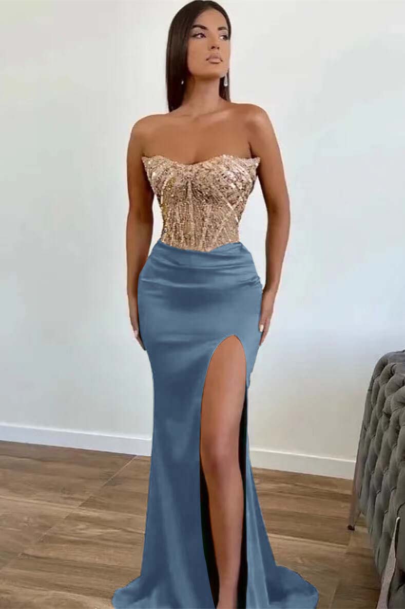 Green Appliques Beadings Mermaid Long Prom Dress Front Split With Strapless