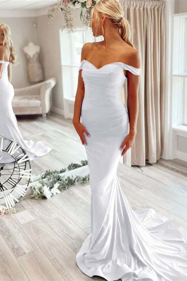 Off the Shoulder Sleeveless Mermaid Long Prom Dress With Pleated