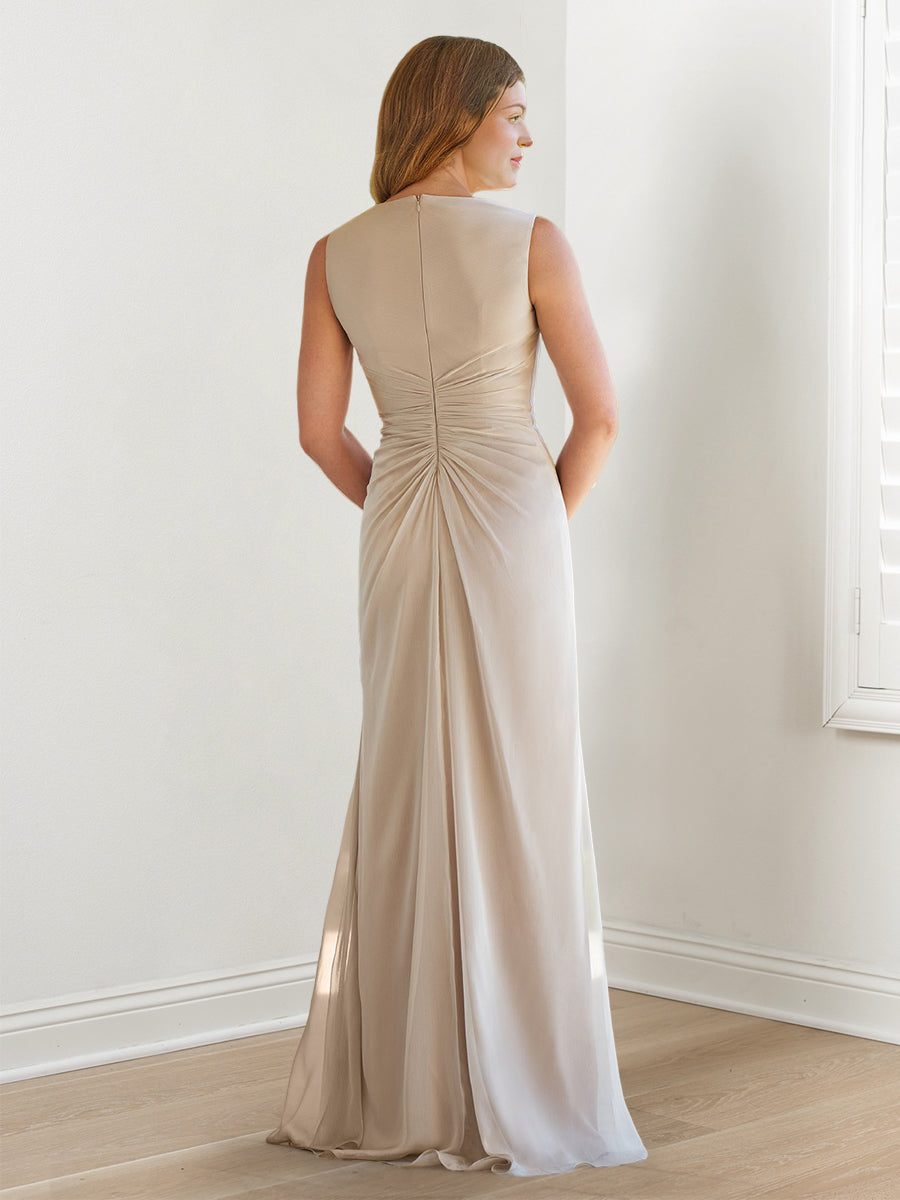 V-Neck Sleeveless Floor-Length Mother of the Bride Gown with Wraps & Ruffles
