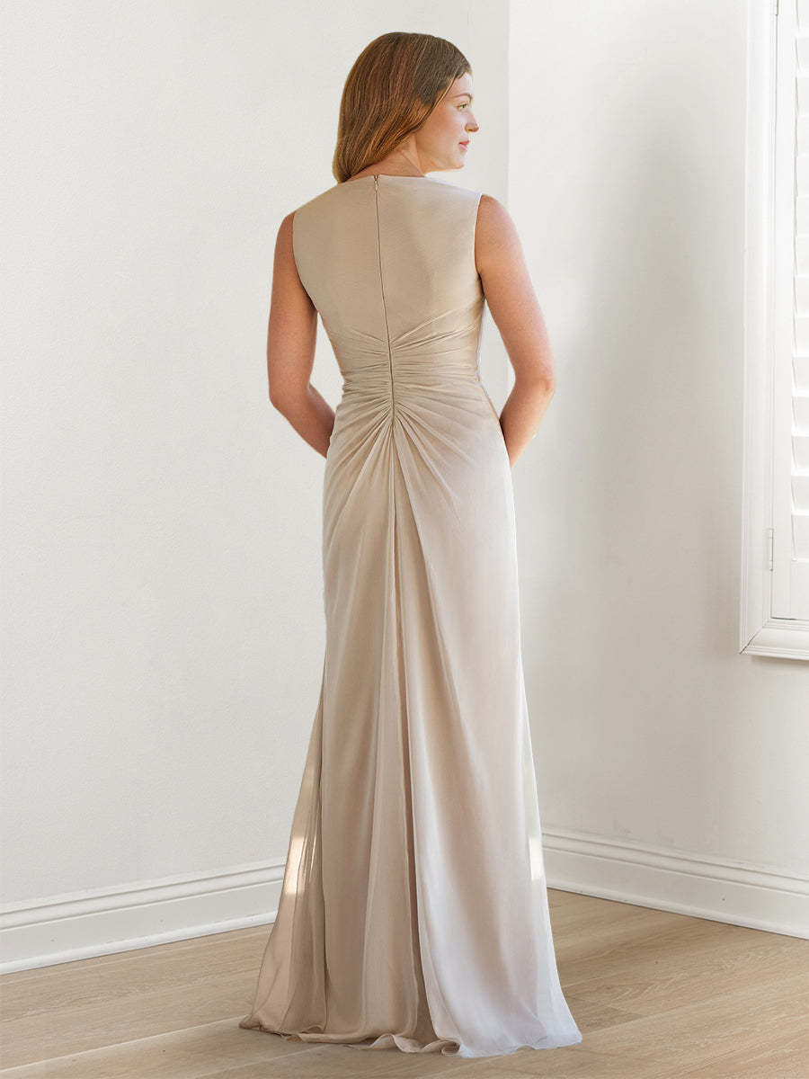 V-Neck Sleeveless Floor-Length Mother of the Bride Gown with Wraps & Ruffles