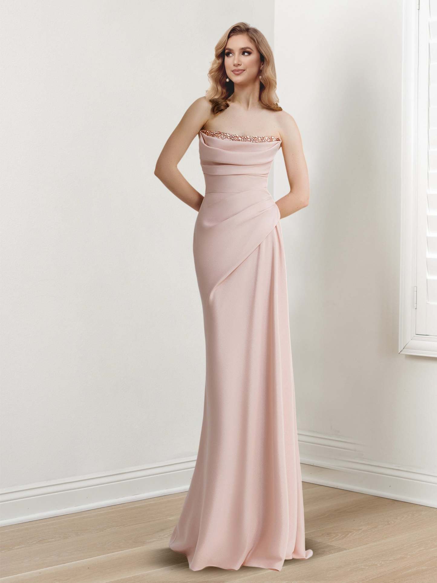 Strapless Sleeveless Beaded Floor-Length Evening Gown