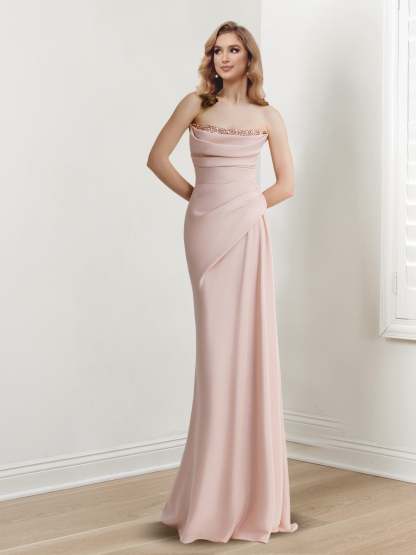 Strapless Sleeveless Beaded Floor-Length Evening Gown