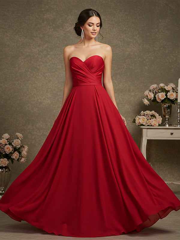 Elegant Formal Red Maxi Prom Dress Strapless Evening Gown