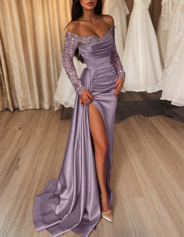 Off-the-Shoulder Floor-Length Prom Dress with Side Split and Sequins