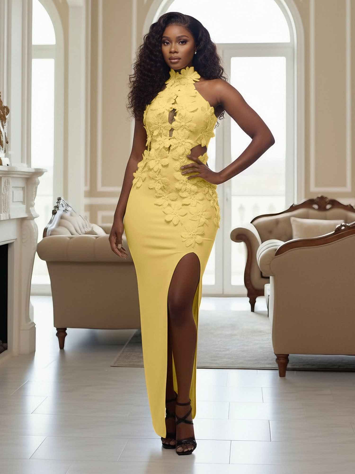 Yellow Halter Neck 3D Flower Mermaid Long Prom Dress with Slit