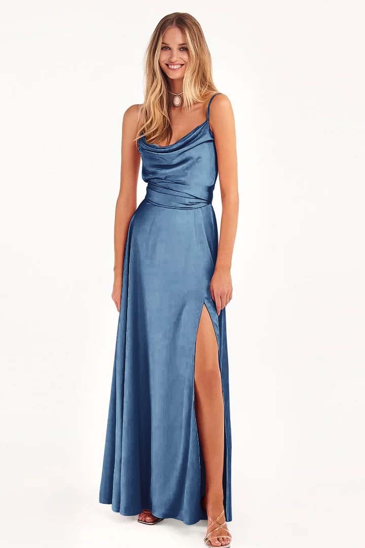 Spaghetti Strap Sleeveless Pleated Long Prom Dress With Split
