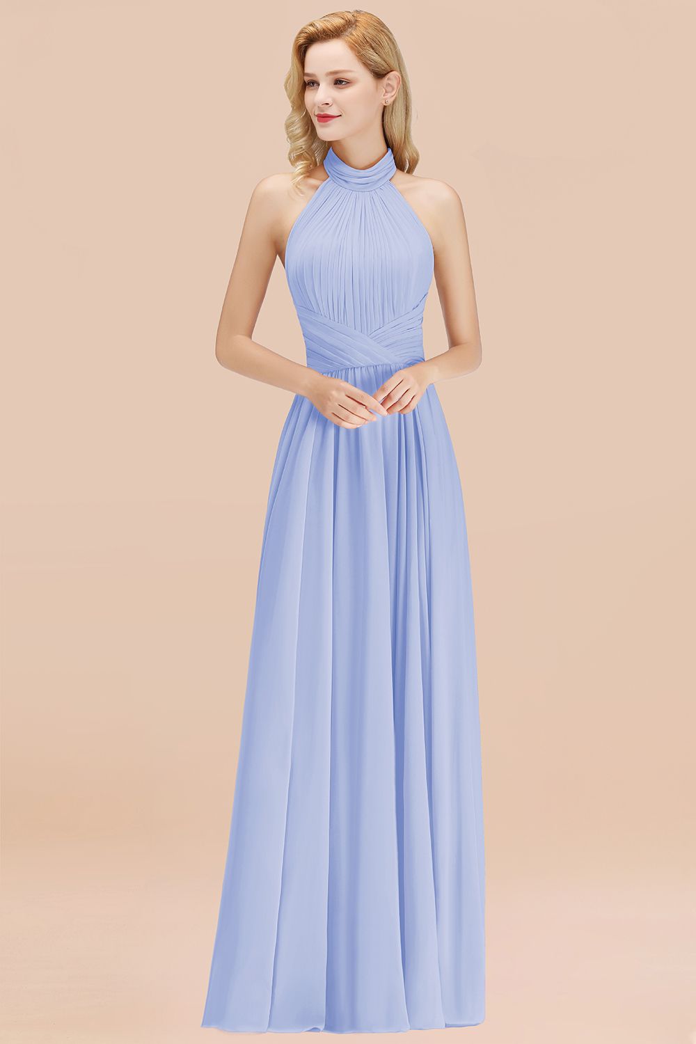 BMbridal Gorgeous High-Neck Halter Backless Bridesmaid Dress Dusty Rose Chiffon Maid of Honor Dress-BMbridal