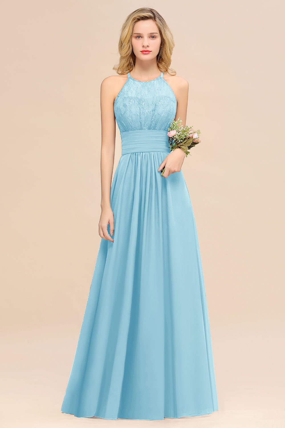 BMbridal Elegant Halter Ruffles Sleeveless Grape Lace Bridesmaid Dresses Affordable-BMbridal