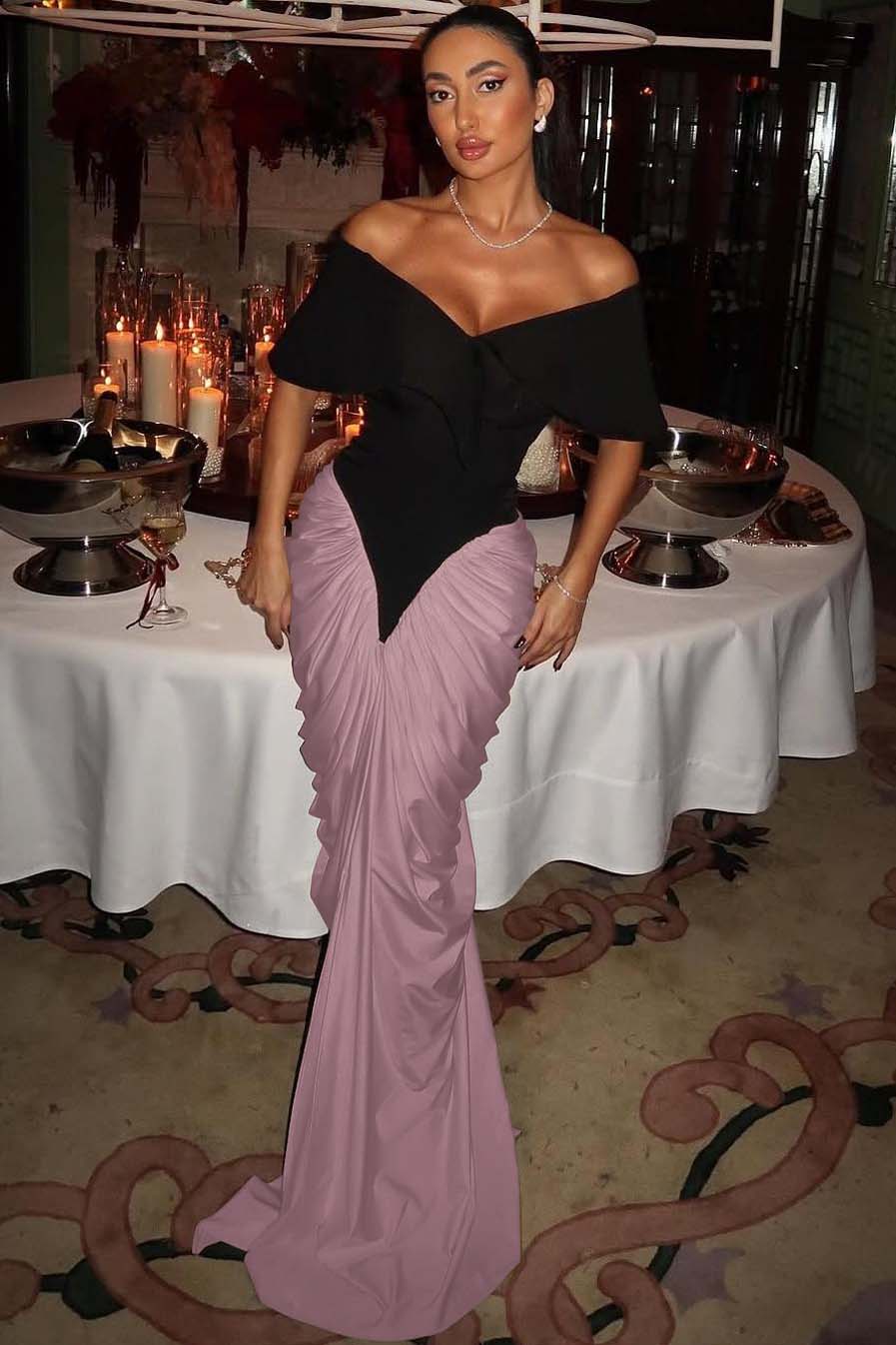 Off the Shoulder Strapless Mermaid Long Prom Dress With Pleated Gloves
