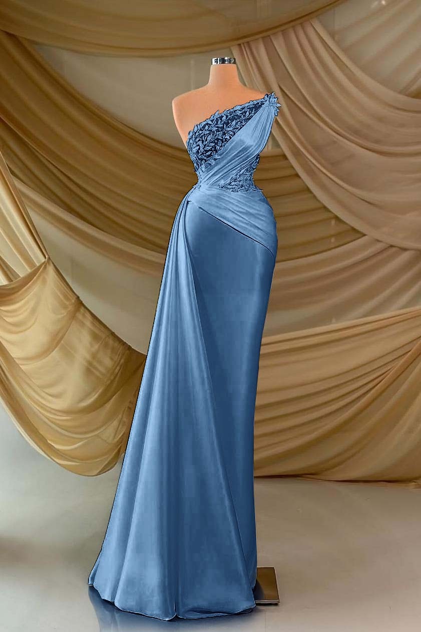One Shoulder Sleeveless Long Prom Dress With Appliques Ruffles