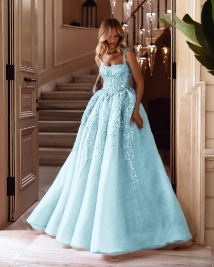 Spaghetti Strap Sleeveless Long A Line Prom Dress With Beading