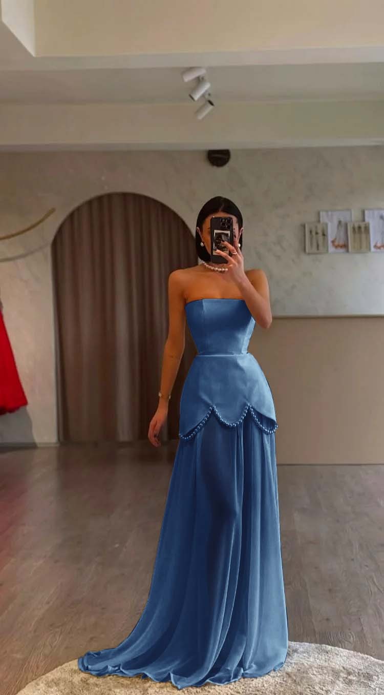 White Strapless Sleeveless Long Prom Dress With Pleated Beading