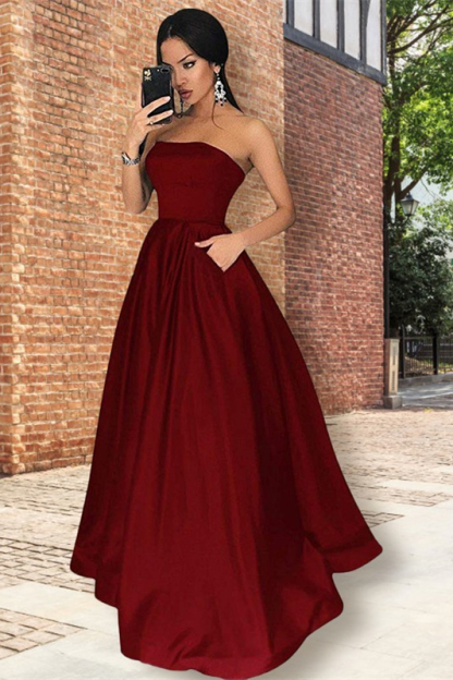 Stunning Strapless Sleeveless Burgundy A Line Long Prom Dress With Pockets