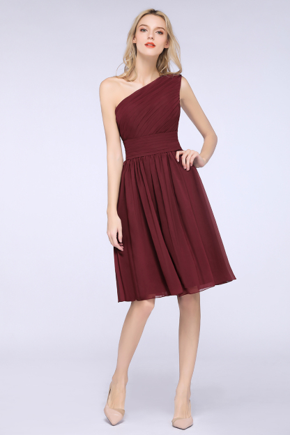 BMbridal Chiffon One Shoulder Ruffle Short Burgundy Bridesmaid Dresses Online-BMbridal