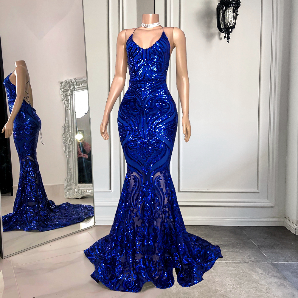 Mermaid Spaghetti Strap Sleeveless Royal Blue Long Prom Dress With Sequins