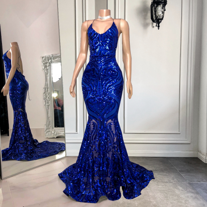 Mermaid Spaghetti Strap Sleeveless Royal Blue Long Prom Dress With Sequins