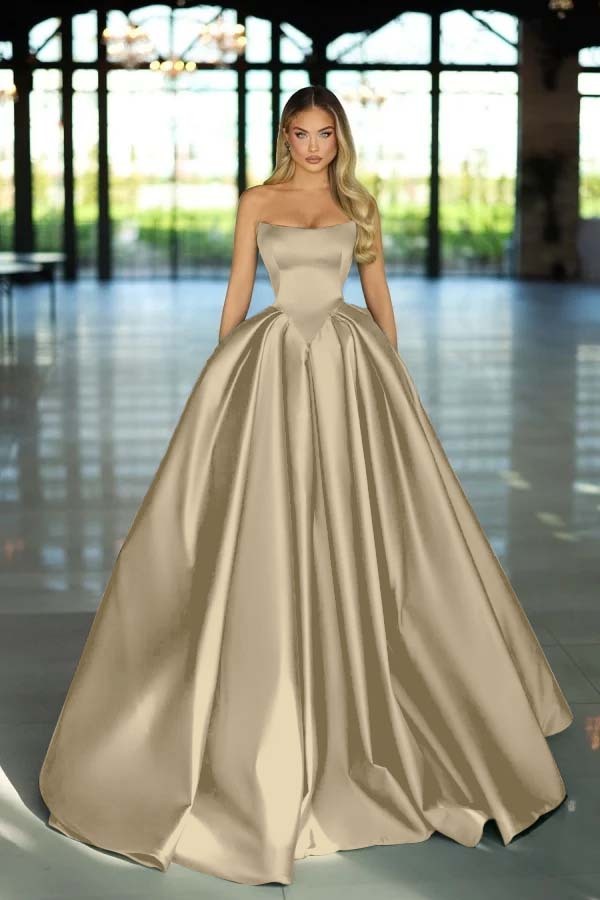 Strapless Sleeveless Long A Line Prom Dress With Pockets Pleated