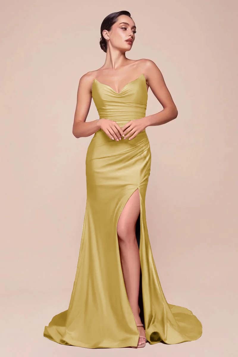Strapless Sleeveless Long High Split Prom Dress With Pleated